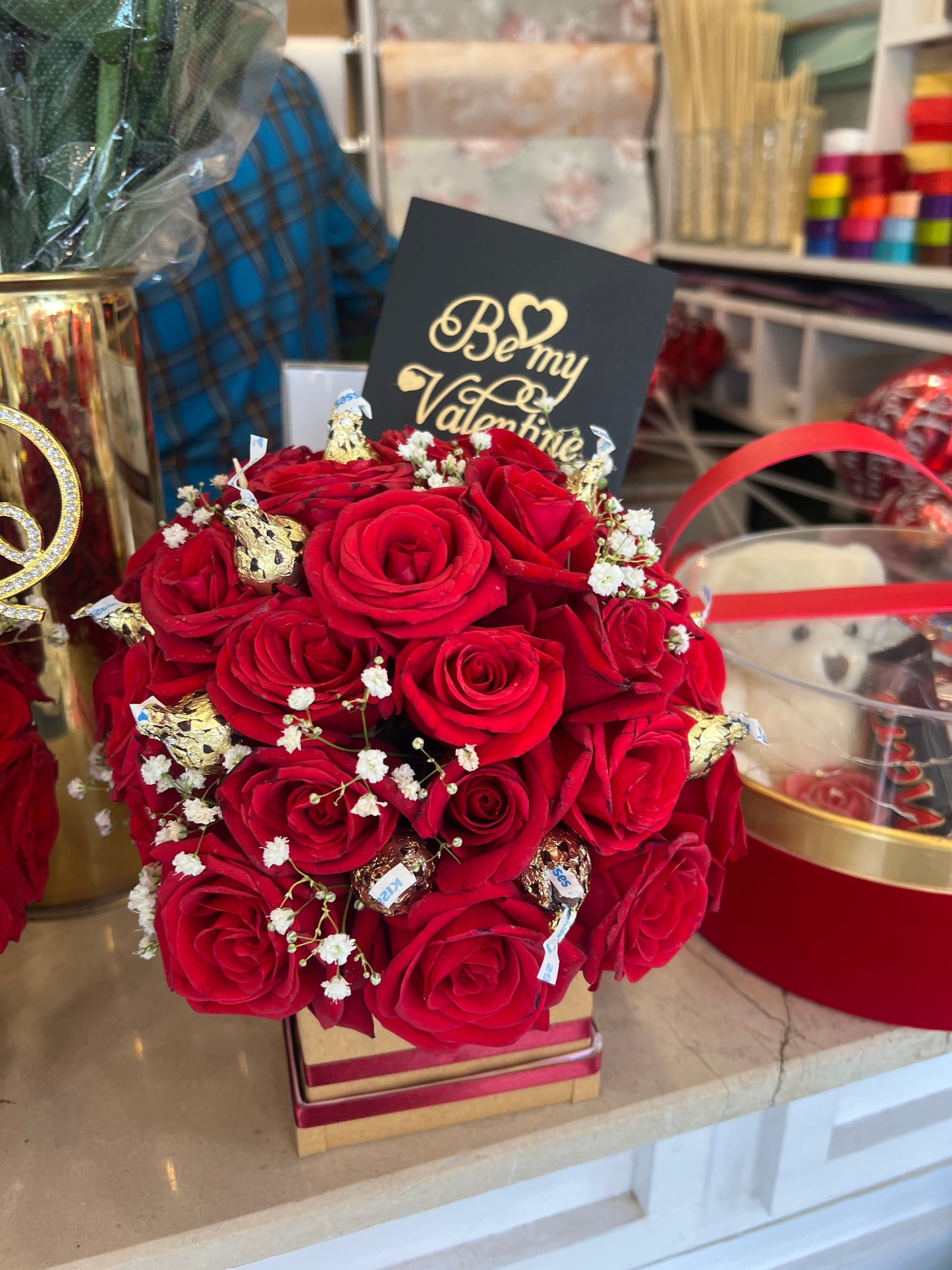 Mini Valentine Flower & Chocolate Basket with Roses & Baby Breath