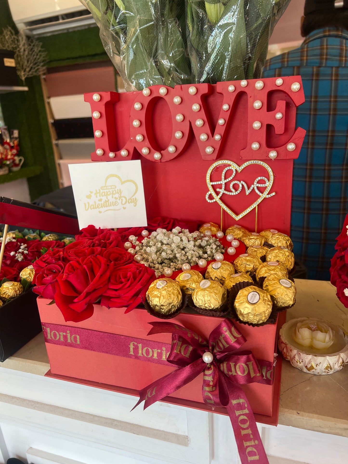 Premium Valentine Basket with Teddy, Chocolates & Baby Breath Flowers