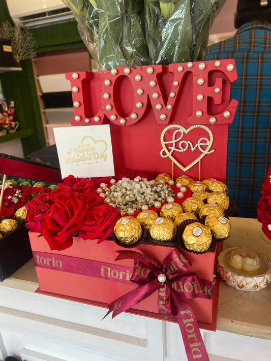 Premium Valentine Basket with Teddy, Chocolates & Baby Breath Flowers